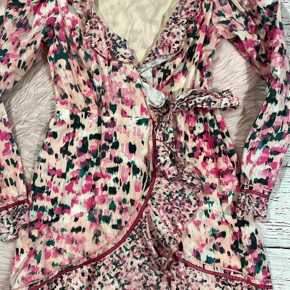 Rococo Sand Mimi Ruffle Trim Long Sleeve Mini Wrap Dress Pink Floral Barbiecore - Picture 10 of 11